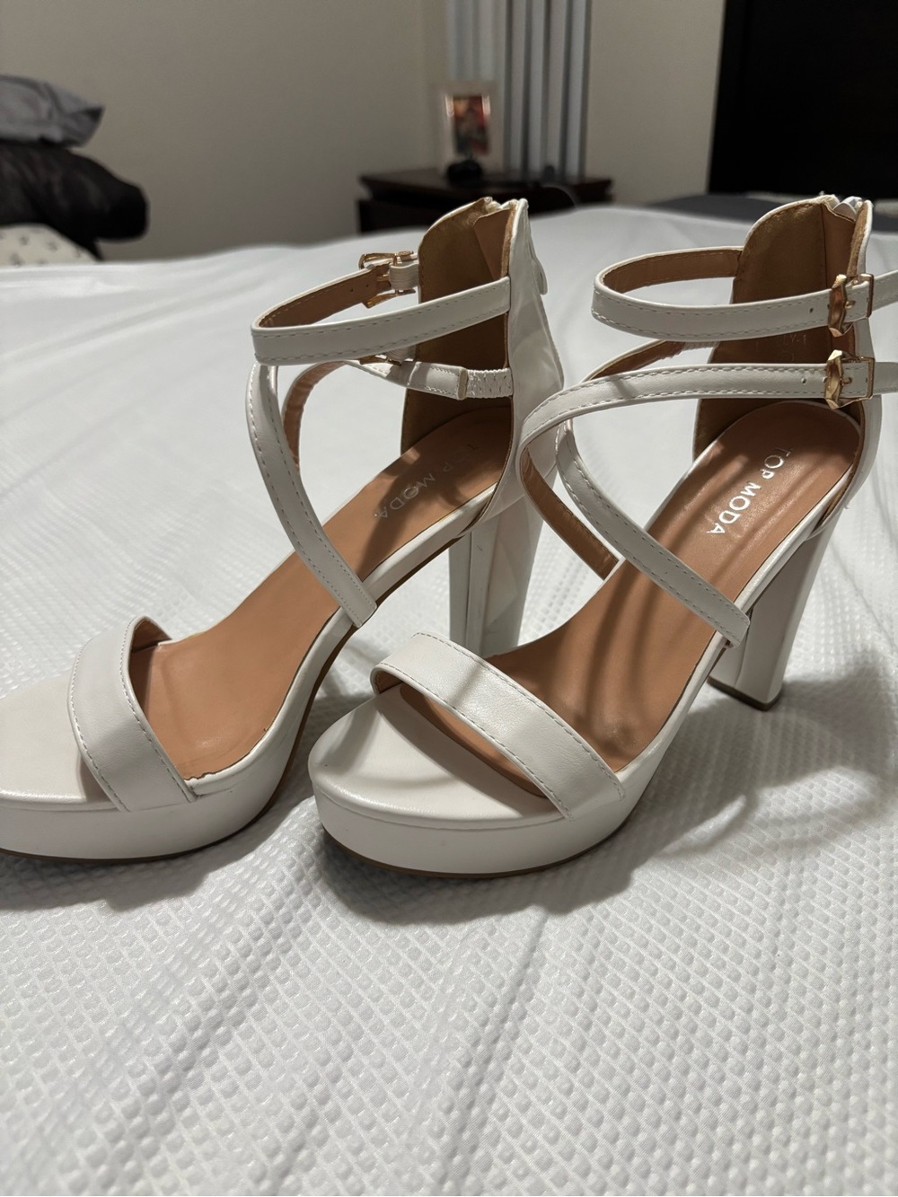 TOP Moda White Strappy Platform Heels with Gold Buckles - Picture 4 of 11